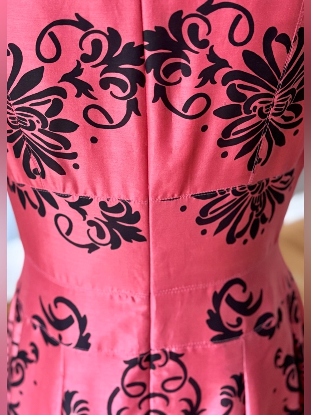 Coral Satin Fit Flare Dress Black Baroque Print Retro Collared Party - Picture 5 of 12